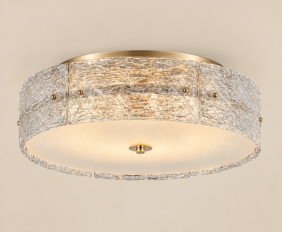 Melbourne brushed gold flush ceiling light with clear handmade glass