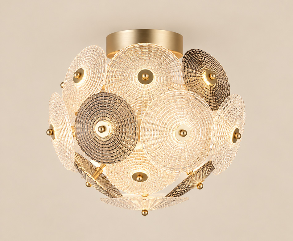 Elizabeth flush ceiling light with handmade glass discs and gold accents
