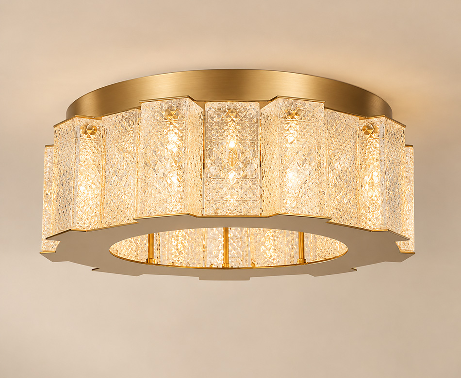 Tiana brushed gold flush ceiling light with textured clear handmade glass