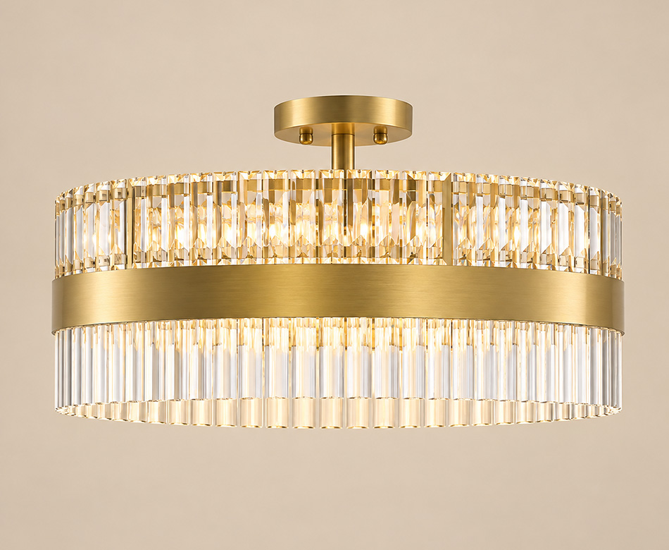 Tubes brushed gold flush ceiling light with clear acrylic detailing