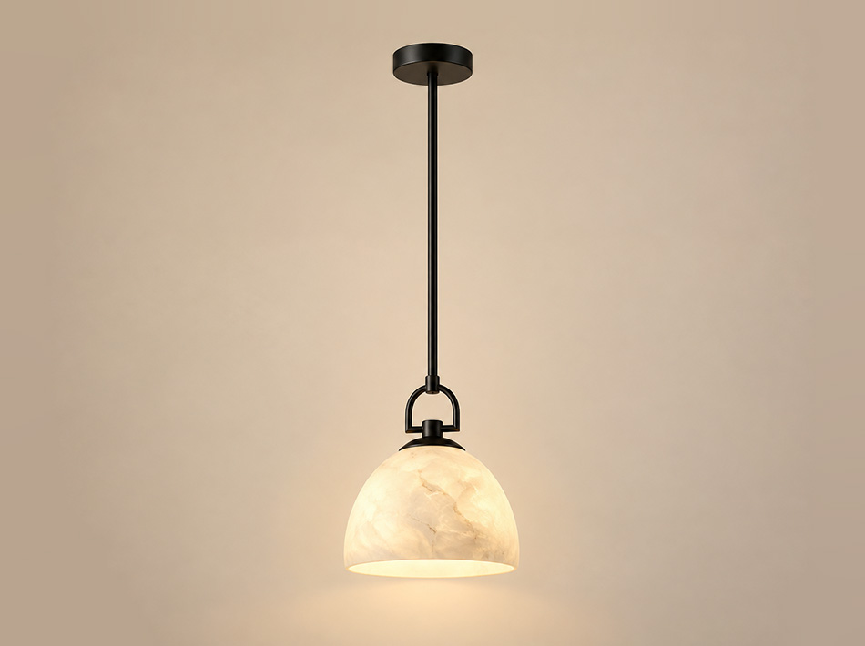 Zina matte black pendant lamp with rounded alabaster shade