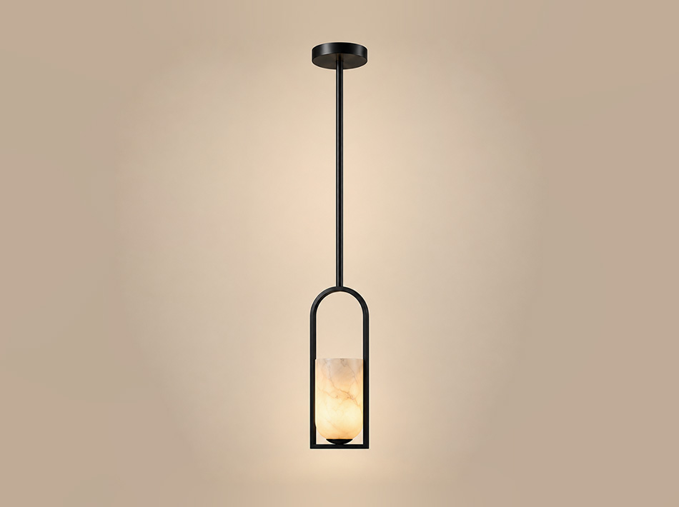 Astral matte black pendant lamp with cylindrical alabaster shade and open rectangular frame
