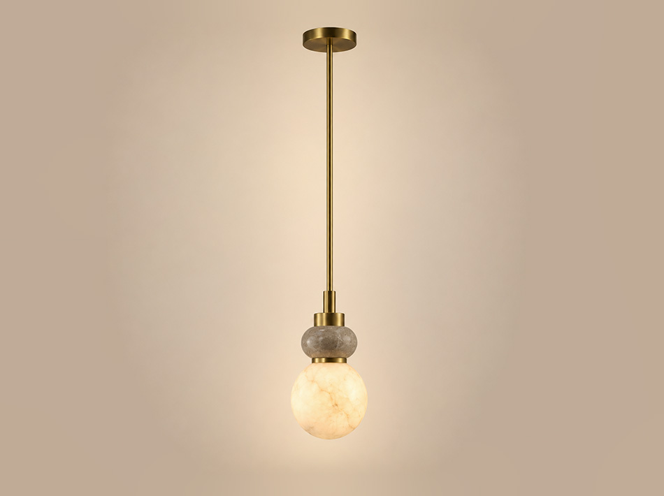 Zariah brushed gold pendant lamp with Classico travertine detail and white glass globe