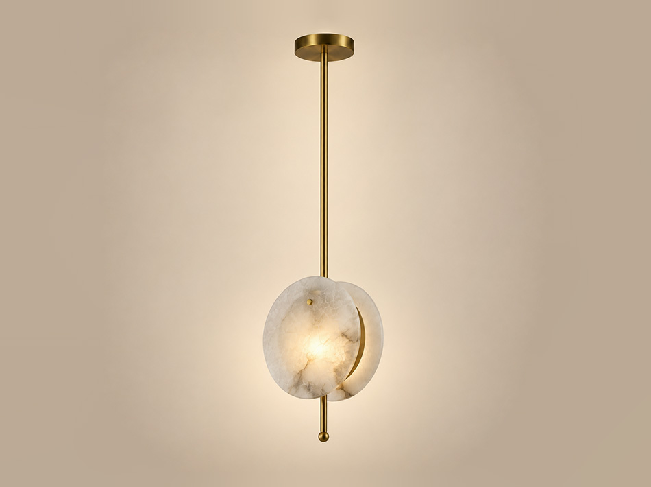 Asher brushed gold pendant lamp with sculptural alabaster disc