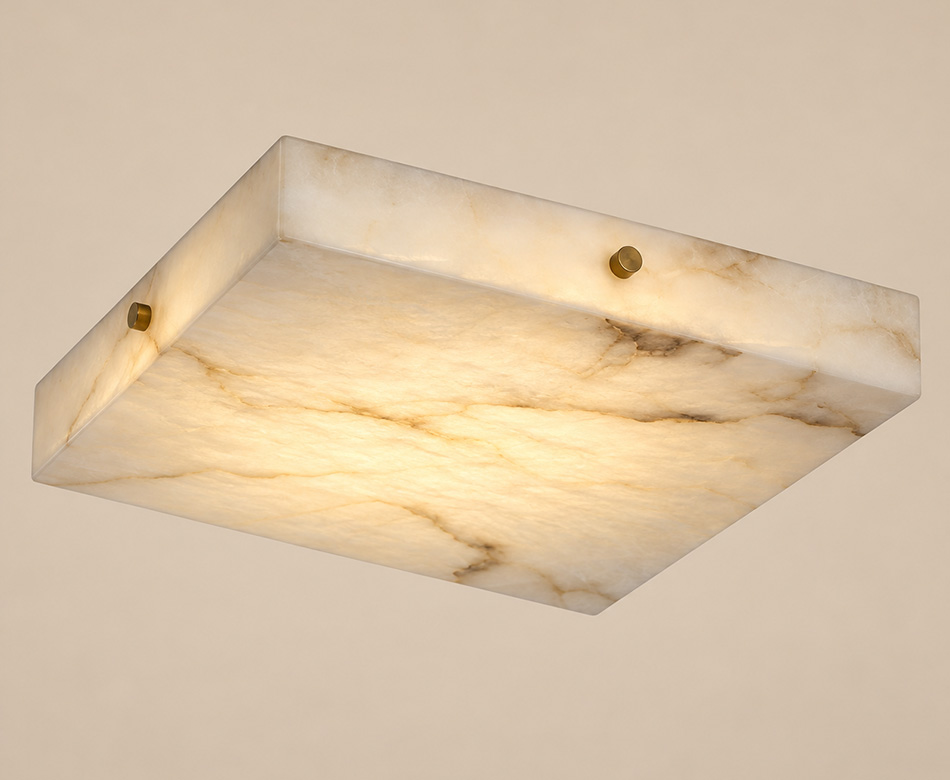 Hanoi brushed gold flush ceiling light with natural white alabaster