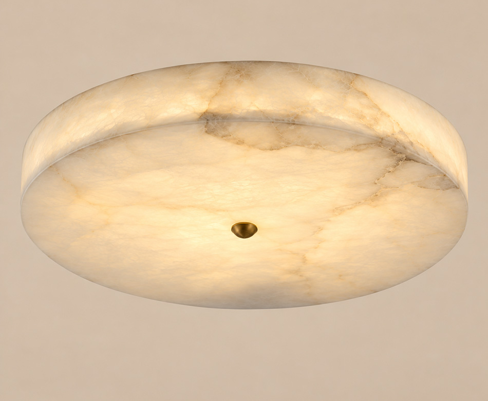 Darwin brushed gold flush ceiling light with natural white alabaster