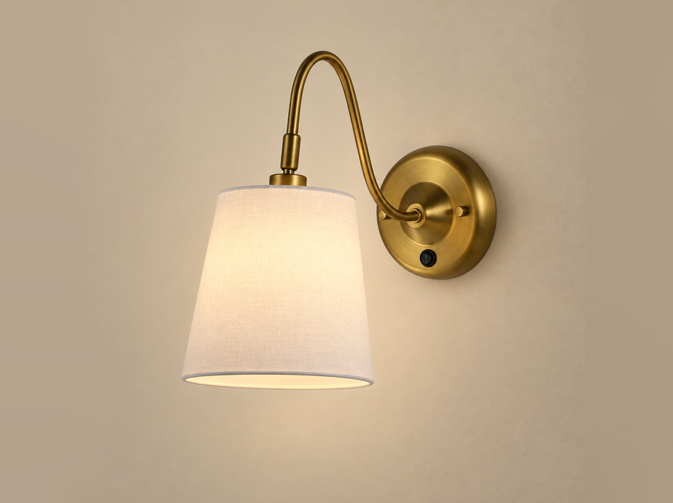 Rana brushed gold wall-mounted reading light with white linen shade