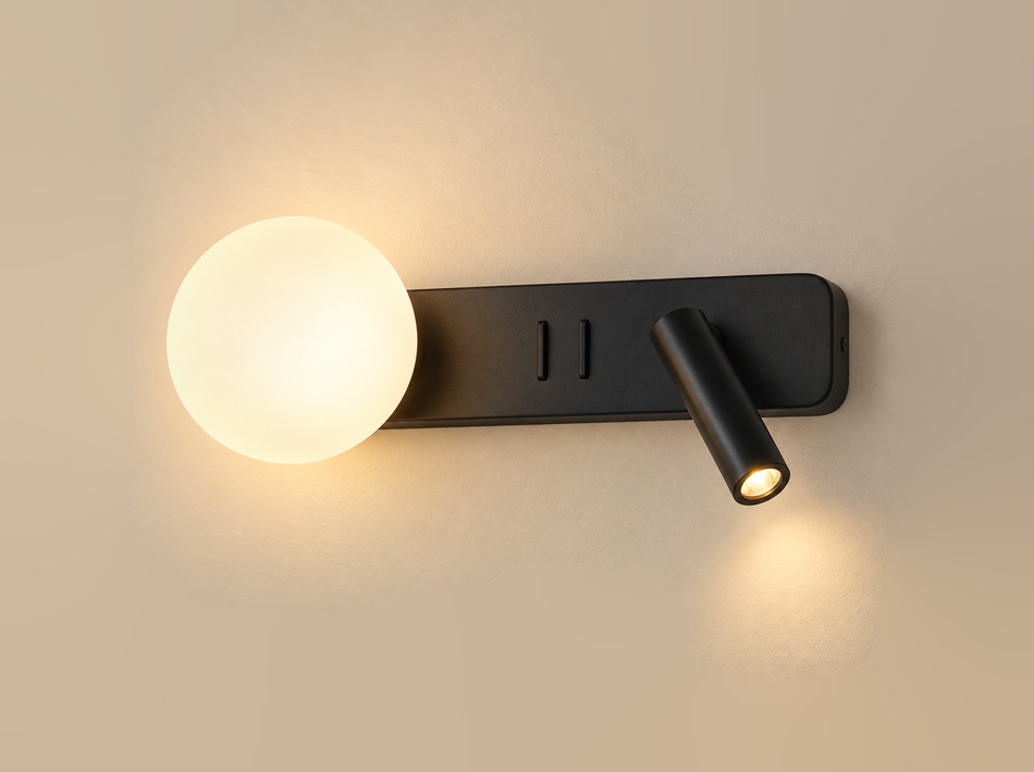 Elmer matte black reading light with white glass globe and directional spotlight