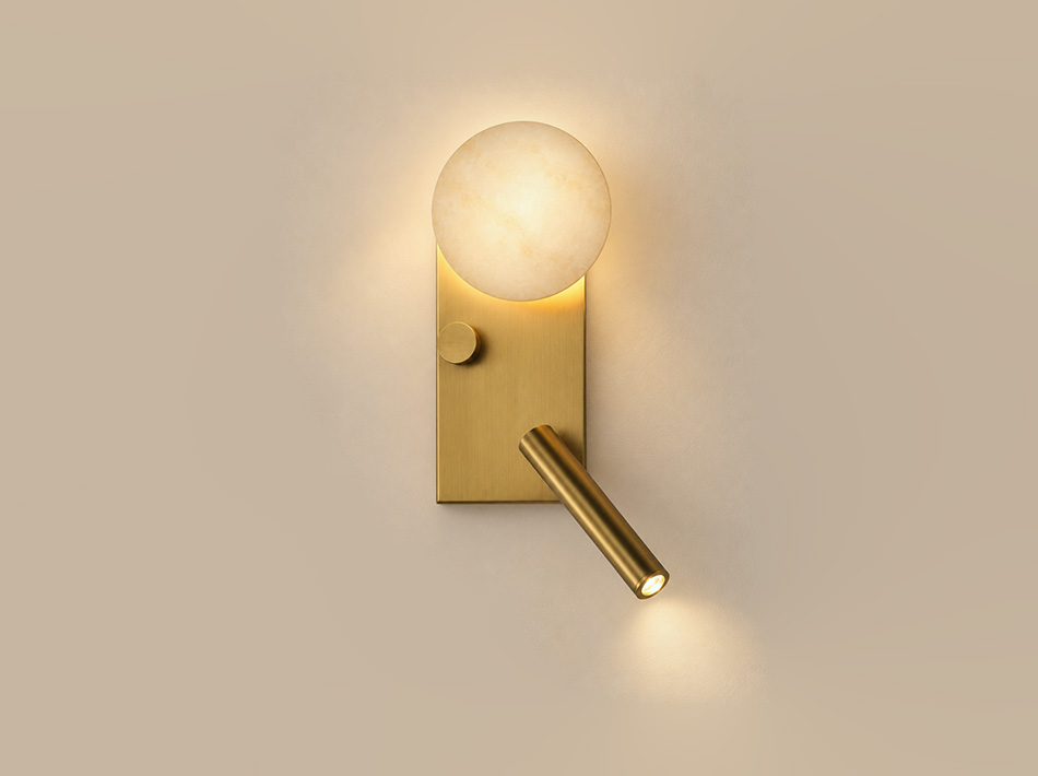 Sera brushed gold reading light with circular light and directional spotlight