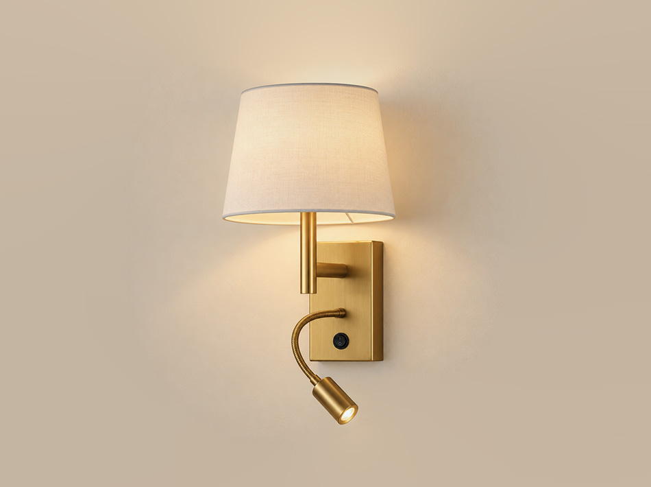 Aron brushed gold reading light with white linen shade and flexible directional
