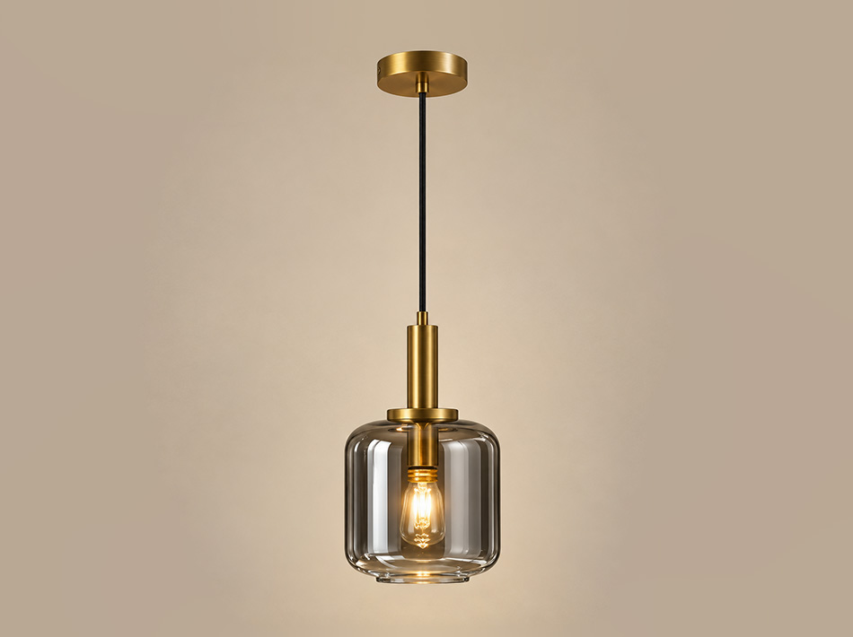 Molly brushed gold pendant lamp with rounded smoked glass shade