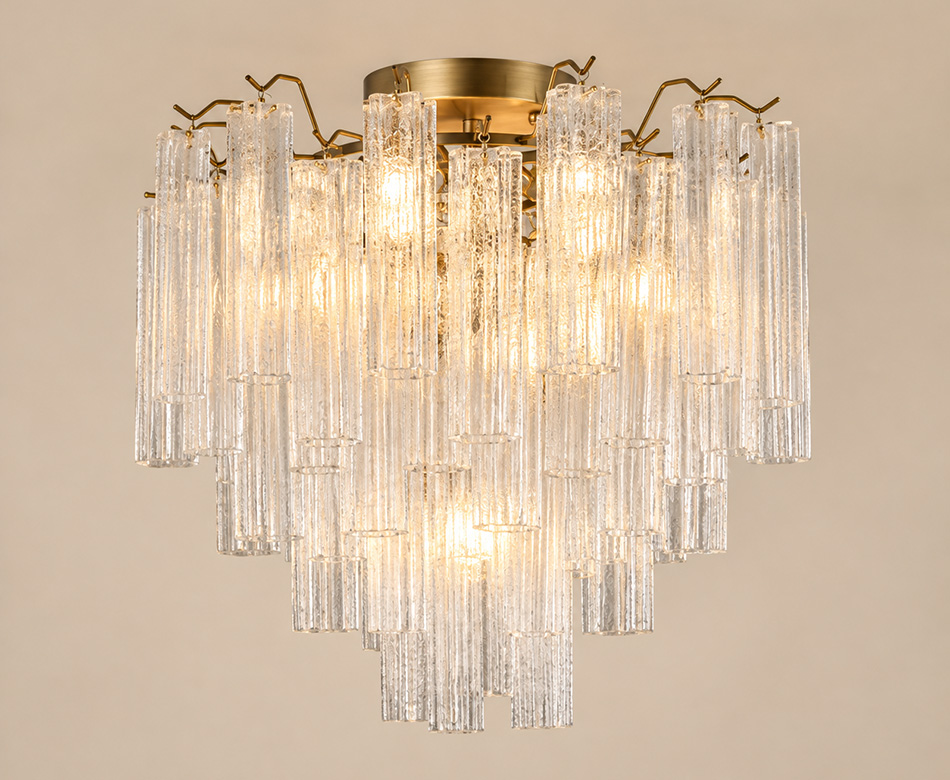 Milan brushed gold flush ceiling light with cascading clear handmade glass