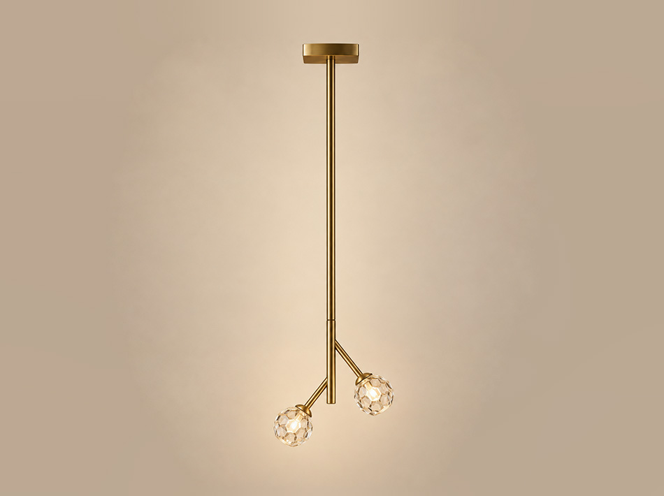 Romel brushed gold pendant lamp with two faceted crystal globes