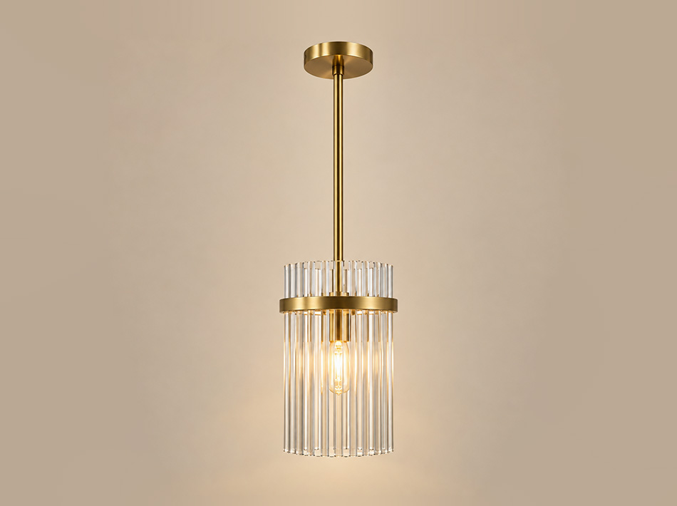 Noel brass pendant lamp with cylindrical clear glass tube detailing