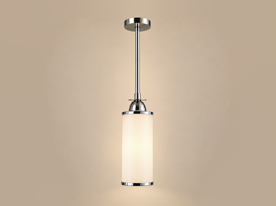 Mantra polished silver pendant lamp with cylindrical white glass shade