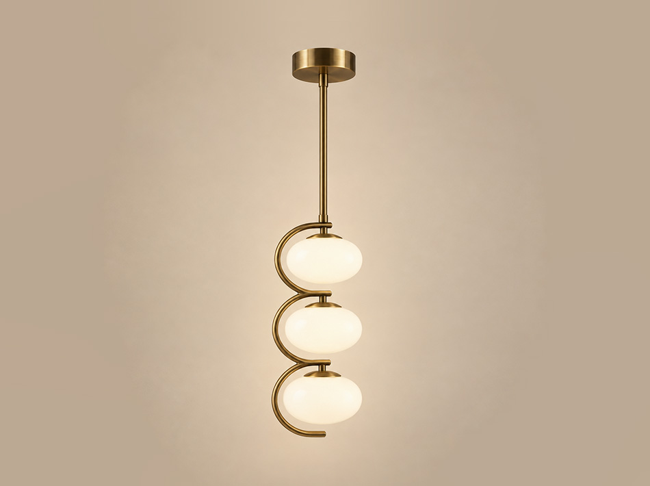 Bauble brass pendant lamp with three white glass shades and curved metal arms