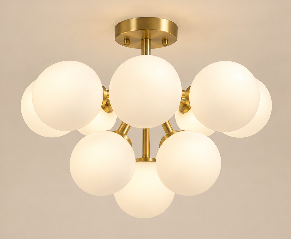 Avalon brushed gold flush ceiling light with milky white glass globes