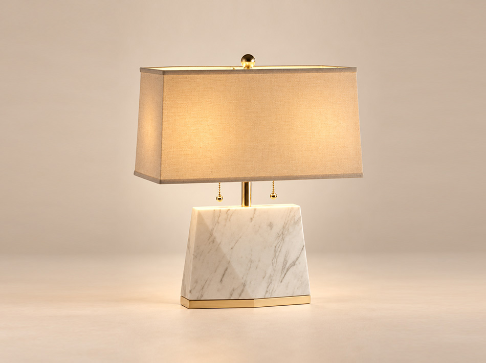 Possini table lamp with veined Jazz White marble base, polished silver detailing and rectangular white linen shade.