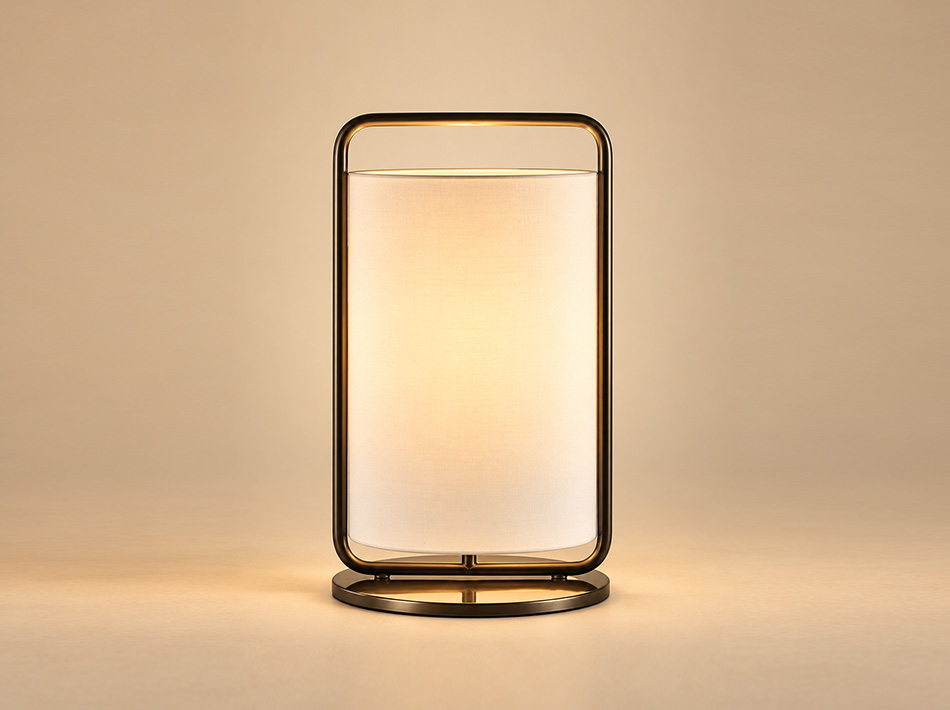 Lytton black metal table lamp with rounded rectangular open frame, cylindrical white linen shade and circular base, featuring a contemporary minimalist design.