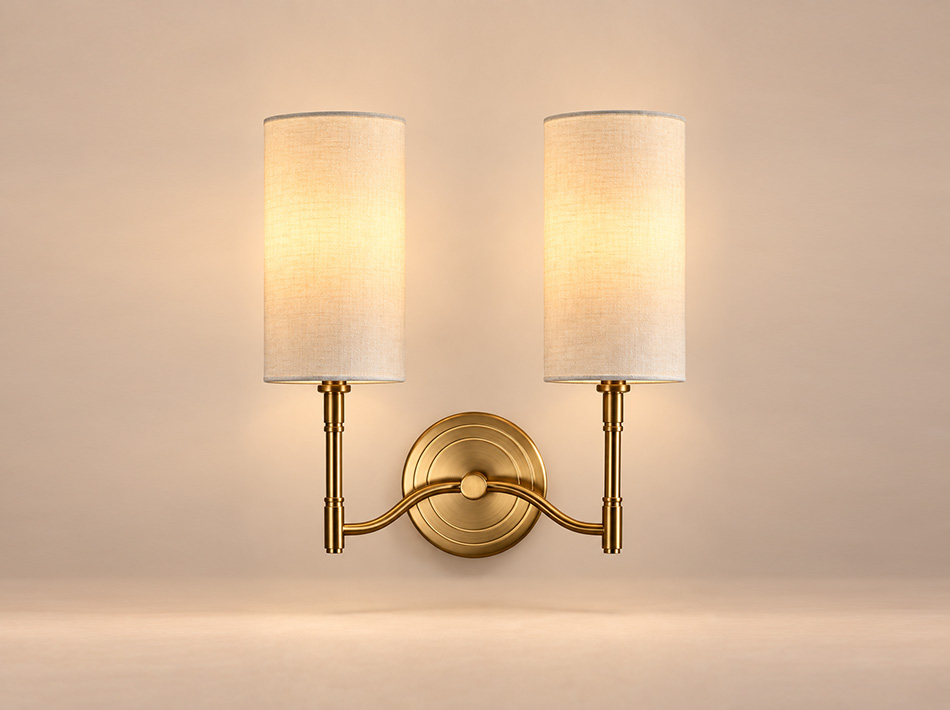 Lia brushed gold double wall sconce ith white fabric shades | Wall Sconces Dubai