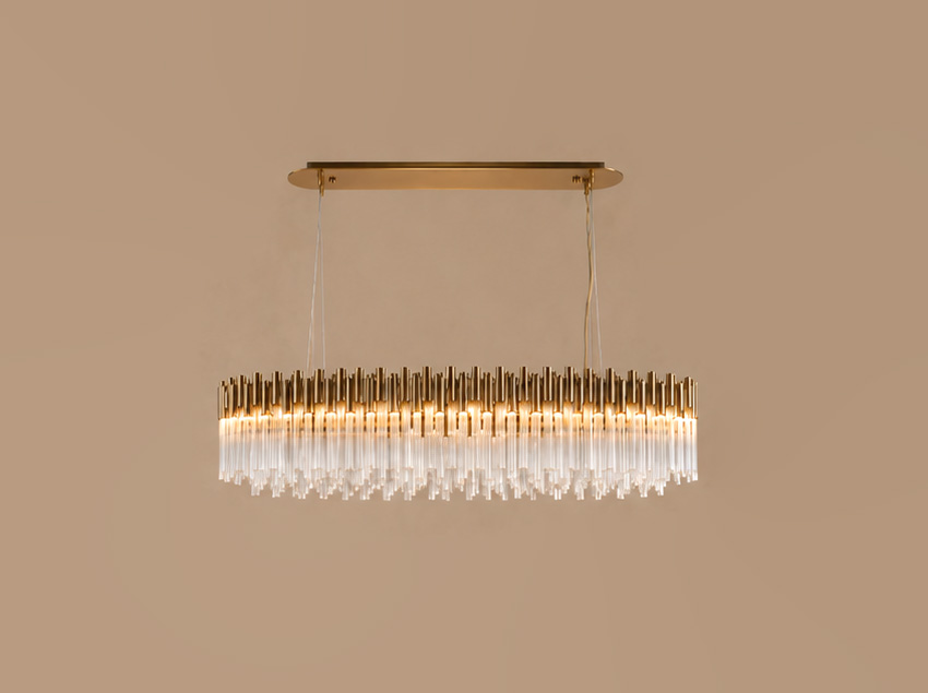 Mercury brushed gold ceiling lamp with layered clear glass rods