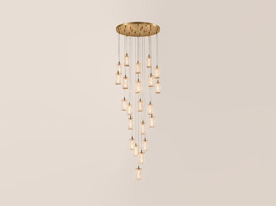 Tiana brushed gold ceiling lamp with cascading illuminated clear glass pendants