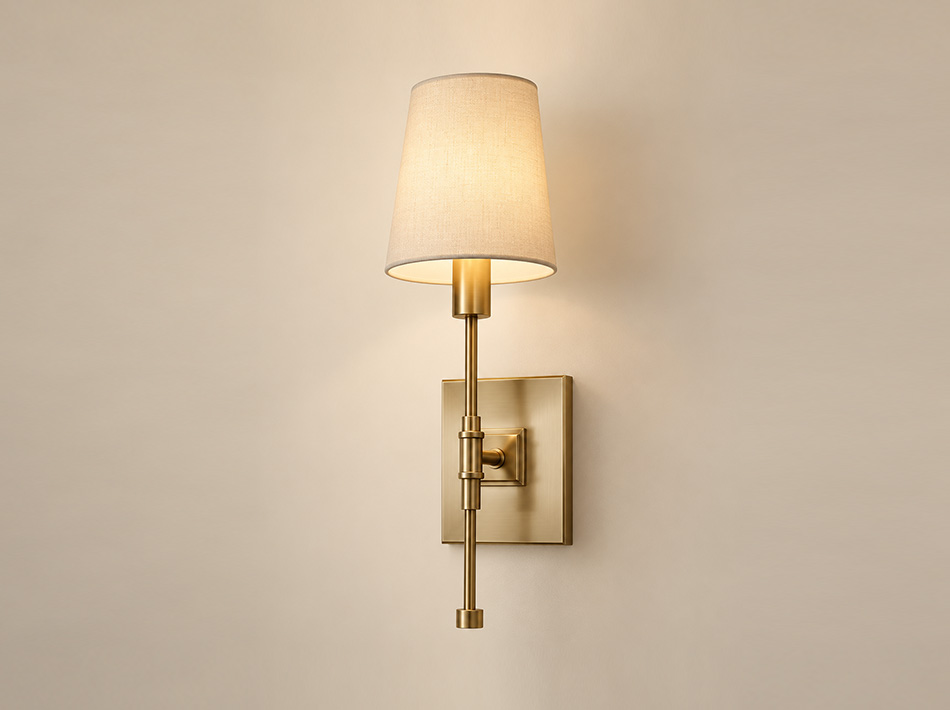 Carmel brushed gold wall sconce with tapered linen shade and square wall plate | Wall Sconces Dubai