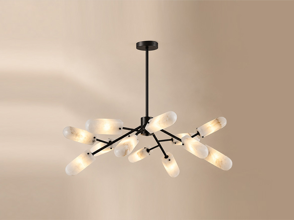 Iced matte black ceiling lamp with twelve illuminated alabaster shades