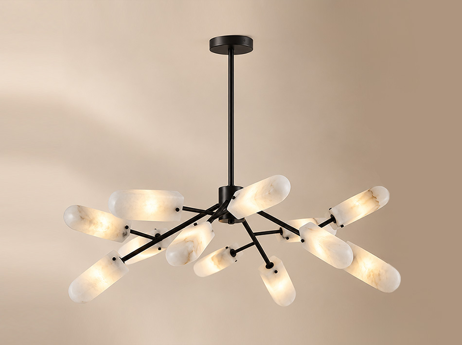 Iced matte black ceiling lamp with twelve illuminated alabaster shades