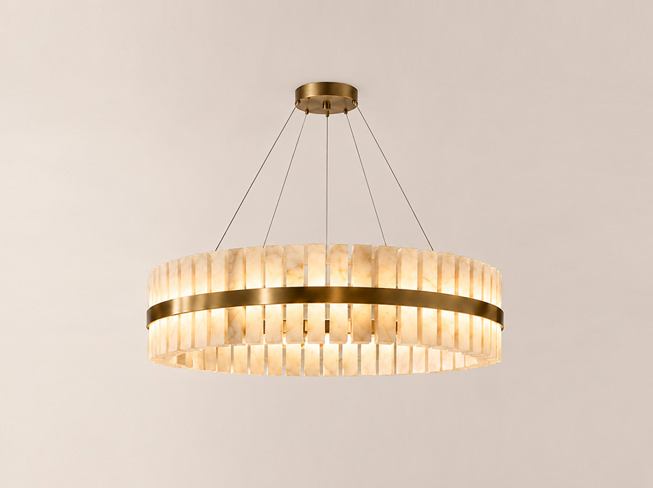 Sigma brushed gold circular ceiling lamp with illuminated natural alabaster panels