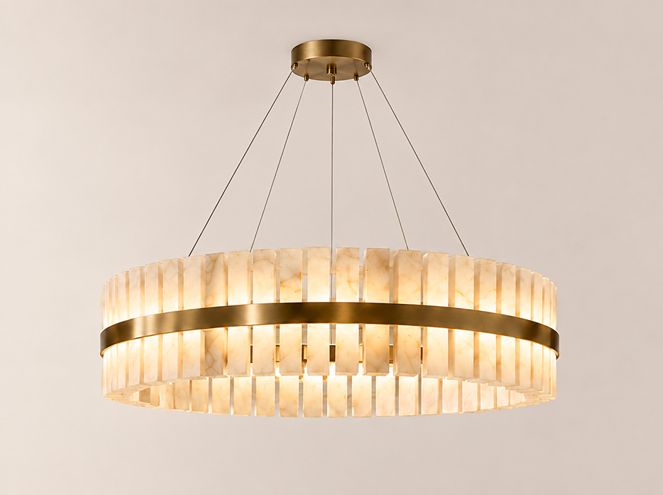 Sigma brushed gold circular ceiling lamp with illuminated natural alabaster panels