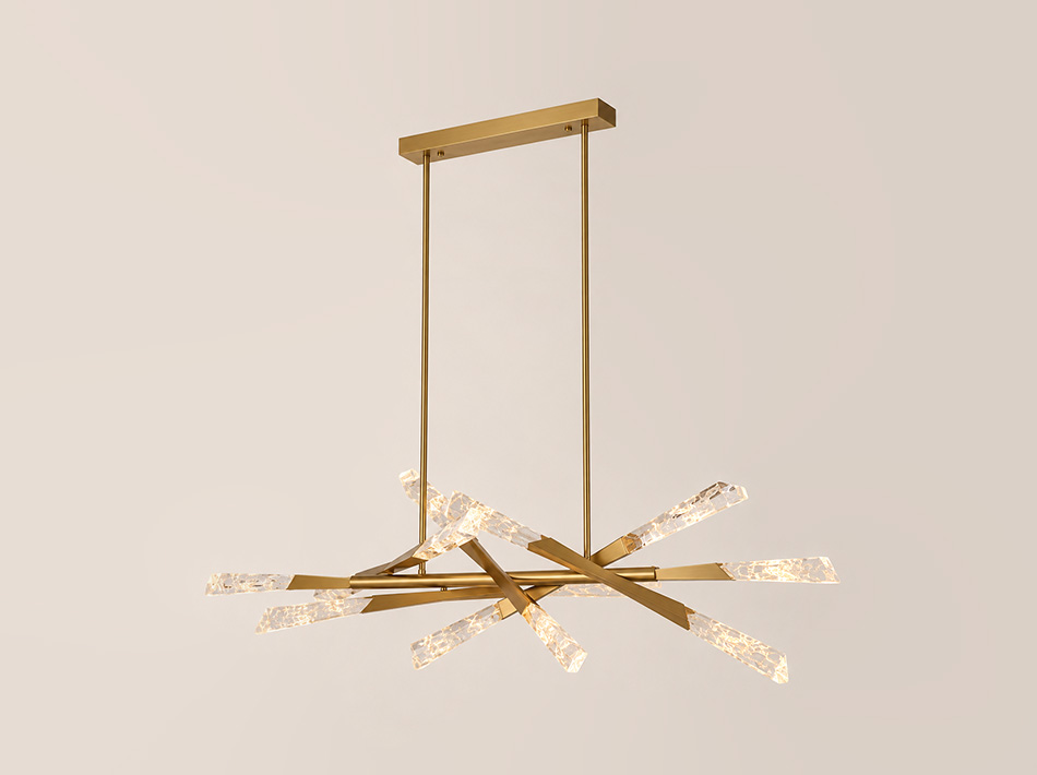 Alabama brushed gold ceiling lamp with sculptural clear plexiglass light elements