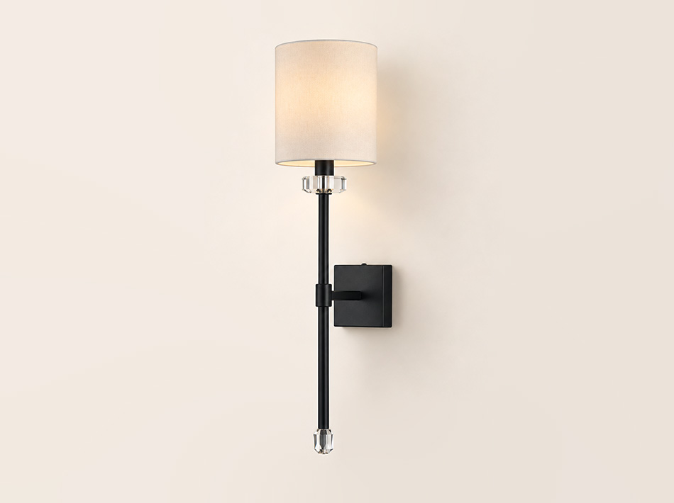 Ani matte black wall sconce with crystal accents and white linen shade | Wall Lights Dubai