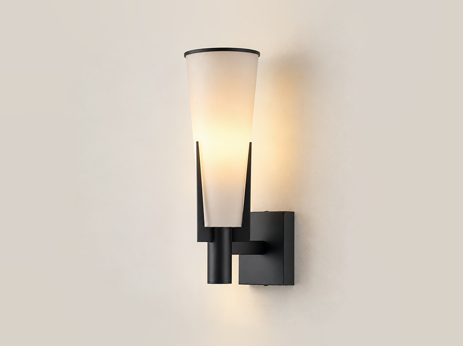 Husk matte black wall sconce with tapered frosted glass shade and rectangular wall plate | Wall Lights Dubai