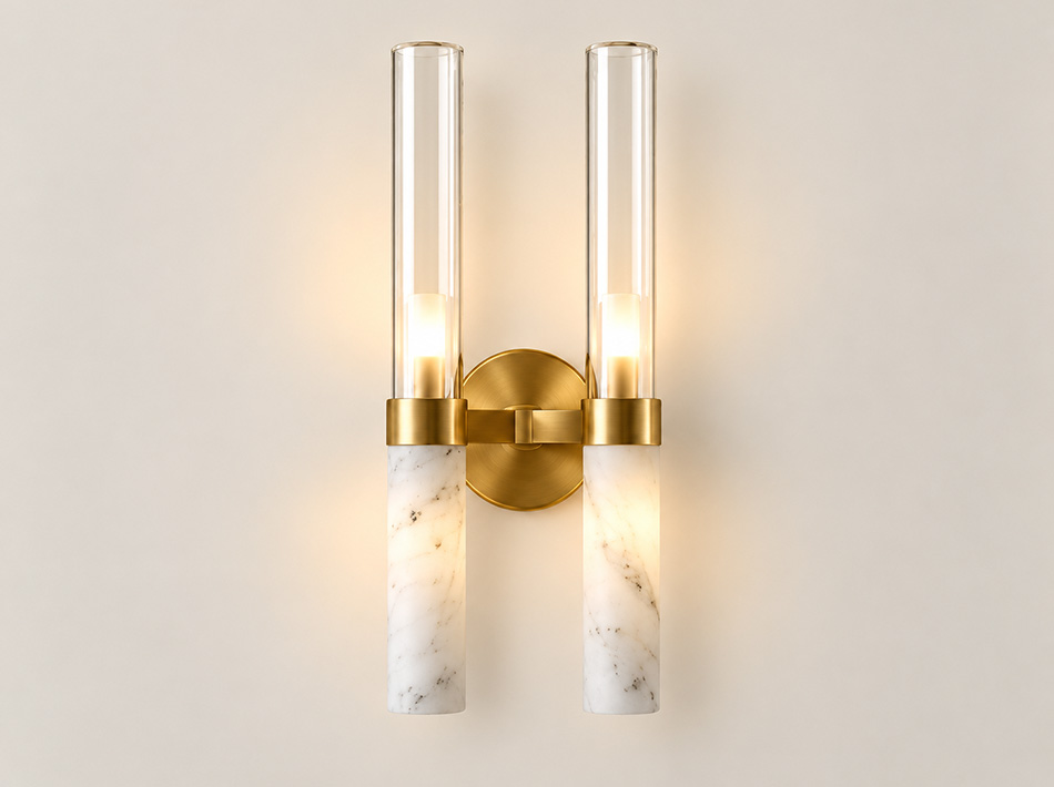 Rhapsody brushed gold double wall sconce with alabaster and clear glass details | Gold Wall Sconces