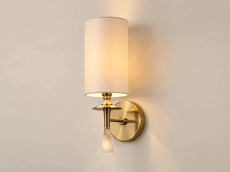 Prince brass wall sconce with white silk shade and alabaster detailing | Wall Lamps Dubai
