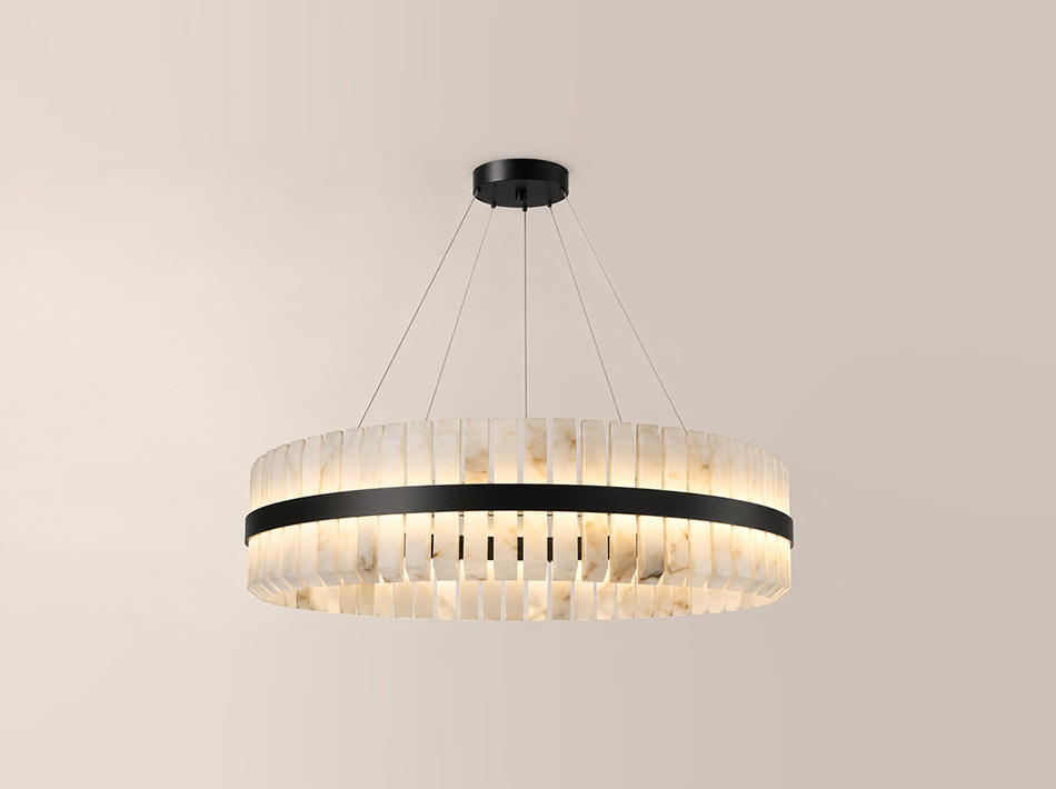 Sigma matte black circular ceiling lamp with illuminated natural alabaster details