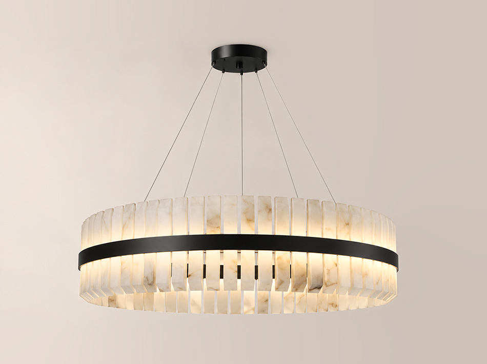 Sigma matte black circular ceiling lamp with illuminated natural alabaster details