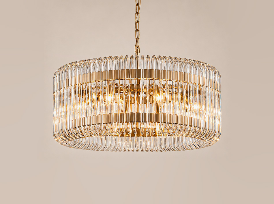 Malmo brass ceiling lamp with circular arrangement of curved clear glass rods