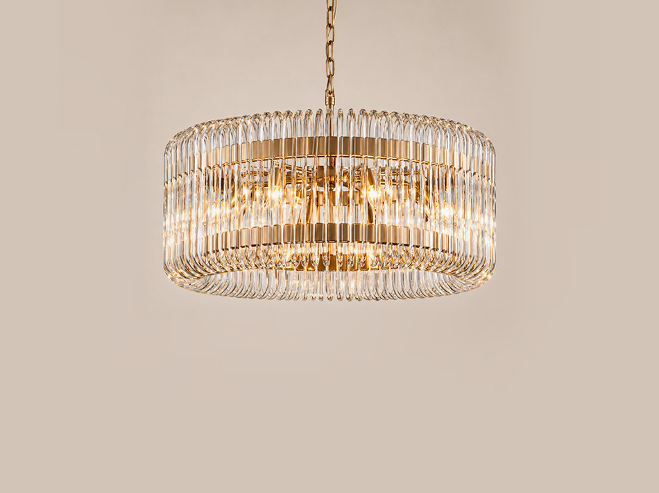 Malmo two-tier brass ceiling lamp with clear glass rods
