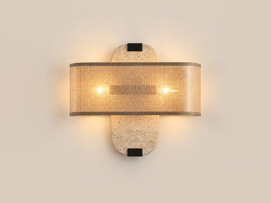 Lark matte black wall sconce with beige Classico travertine and woven raffia shade | Gold Wall Sconces