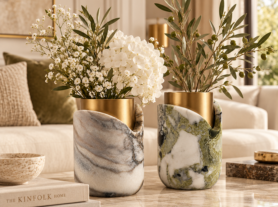 Decorative travertine marble vases in grey, white and green tones with brushed gold accents, styled with flowers and greenery on a marble coffee table