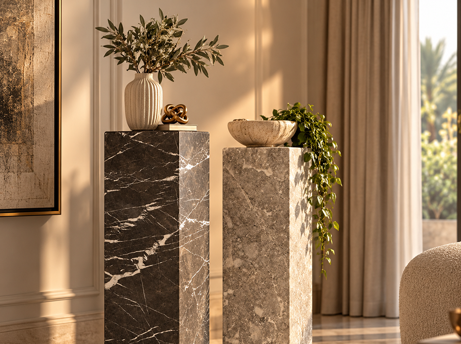 Decorative marble and travertine pedestals in various colours, finishes and heights for contemporary interiors