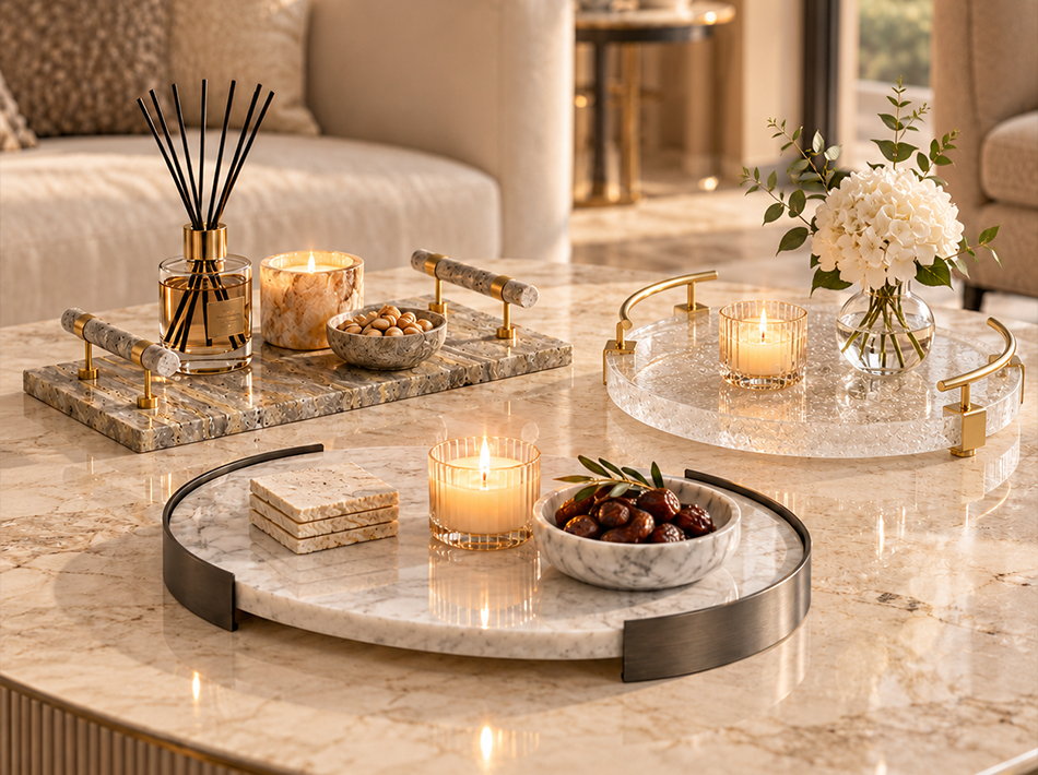 Decorative marble, glass and mirrored trays in various shapes with brushed gold and dark grey metal detailing