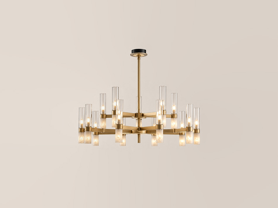 Rhapsody two-tier brushed gold chandelier with alabaster and clear glass details