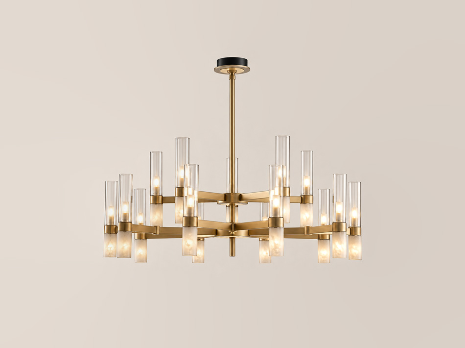 Rhapsody two-tier brushed gold chandelier with alabaster and clear glass details
